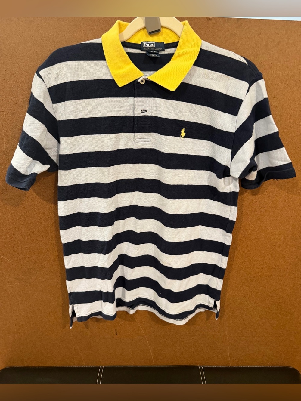 Ralph Lauren kids Navy & Yellow Striped Polo Shirt. M 10/12
